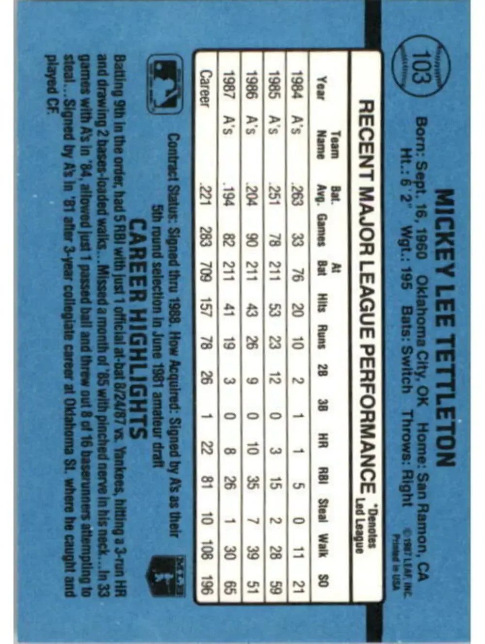 1988 Mickey Tettleton Donruss Baseball Card #103